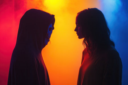 Woman facing person wearing skull mask in cinematic lightingの素材