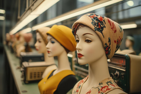 Mannequins wearing vintage hats in surreal factory settingの素材