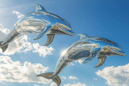 Two glass dolphins jumping in cloudy sky reflecting sunlightの素材