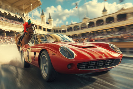 Red race car competing with horse and jockey in a hippodromeの素材