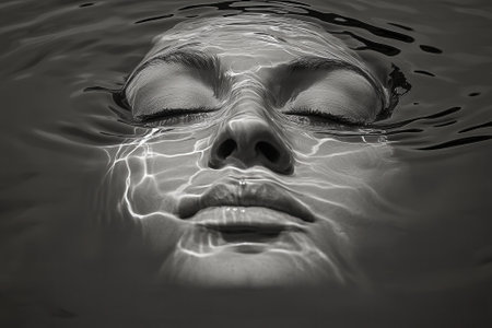 Woman relaxing underwater with closed eyes in black and whiteの素材