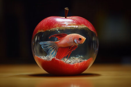 Red apple fishbowl on desk with siamese fighting fish insideの素材