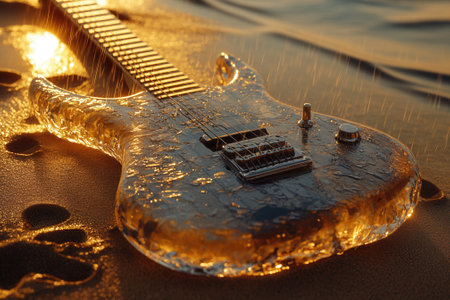 Transparent electric guitar melting on the beach during sunset under the rainの素材