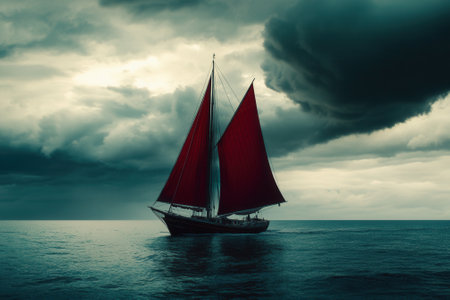 Yacht with red sails navigating stormy waters at duskの素材