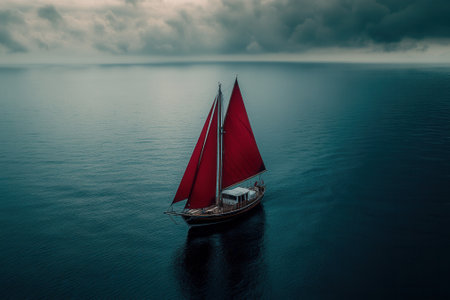 Yacht with red sails sailing in the vast ocean under cloudy skyの素材
