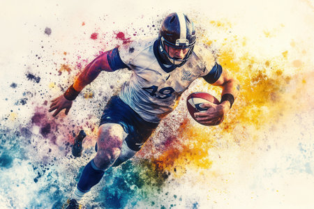 Rugby player running with the ball in a colorful and dynamic actionの素材