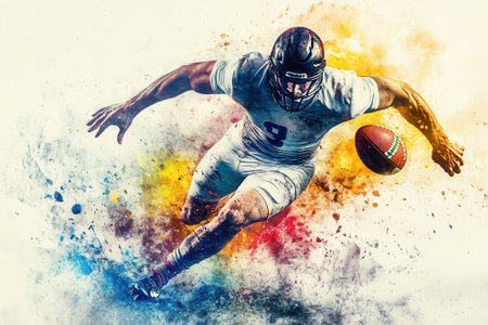 American football player running with ball in colorful splashesの素材