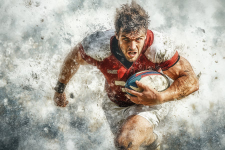 Rugby player running with the ball in a dramatic atmosphereの素材