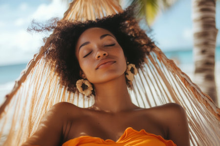 Tourist relaxing on hammock at tropical beachの素材