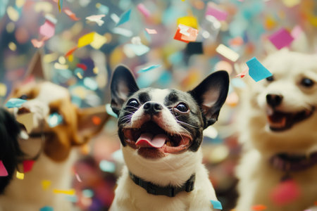 Happy dogs celebrating with falling confetti, graduation partyの素材