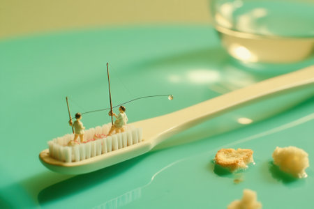 Miniature fishermen fishing on a toothbrush in a turquoise plateの素材