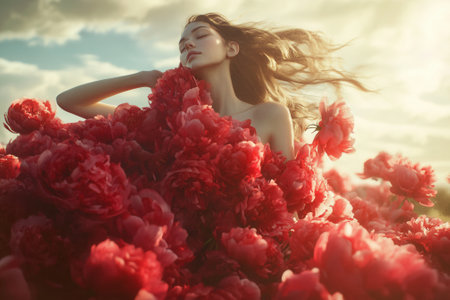 Beautiful woman wearing red dress made of peonies in a flower fieldの素材
