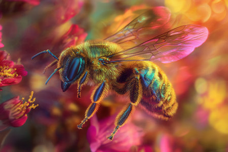 Honey bee flying and pollinating colorful flowers in macro photographyの素材