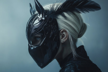 Cosplayer wearing fantasy style mask with feathers and hornsの素材