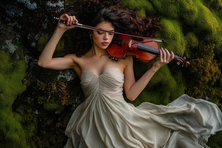 Musician lying on moss playing violin with eleganceの素材