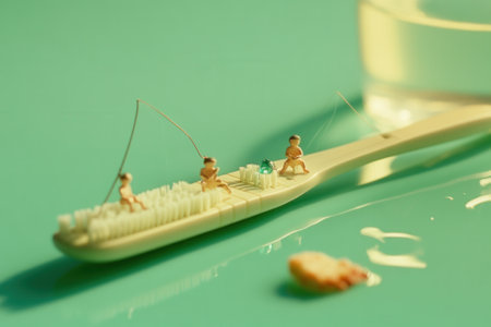 Miniature fishermen sitting on a toothbrush are fishing a green gemstoneの素材