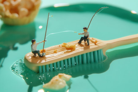 Miniature fishermen fishing on a toothbrush in a quirky conceptual sceneの素材