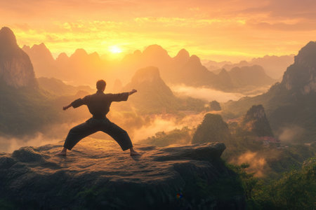 Martial artist practicing kung fu in breathtaking asian mountain landscape at sunsetの素材