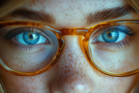 Close up of woman wearing eyeglasses showing beautiful blue eyes and frecklesの素材