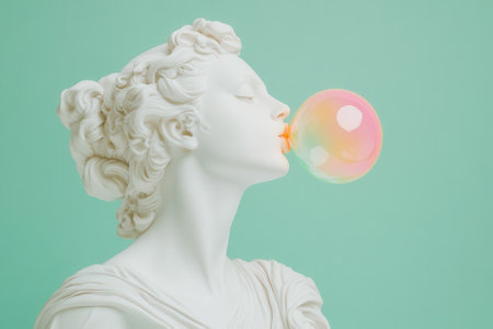 White gypsum bust blowing a colorful chewing gum bubble on turquoise backgroundの素材