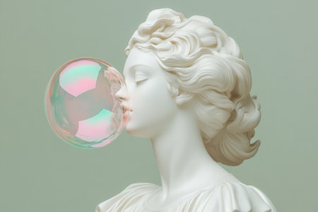 White marble statue blowing iridescent pink and green bubble gumの素材