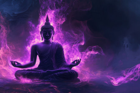 Meditating buddha statue surrounded by purple flames and smokeの素材