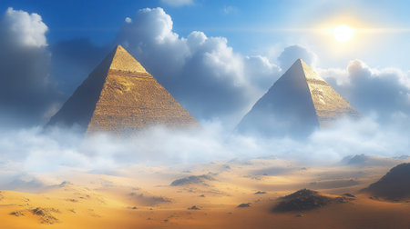 Pyramids of giza emerging from the morning mist in the sahara desertの素材