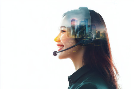 Smiling customer service representative working with headset and city skyline double exposureの素材