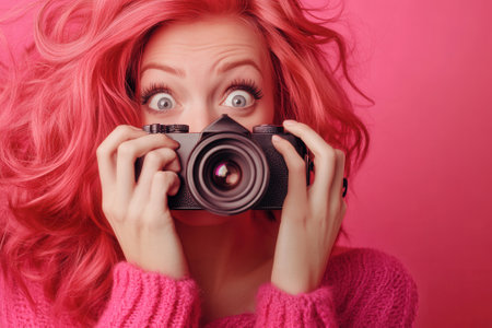 Pink haired photographer taking a picture with vintage camera and surprised expressionの素材