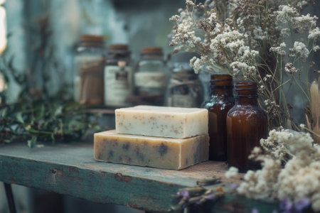 Natural soap bars with dried flowers and essential oils creating a relaxing atmosphereの素材