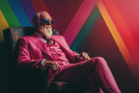 Senior man wearing pink suit sitting on armchair in colorful roomの素材