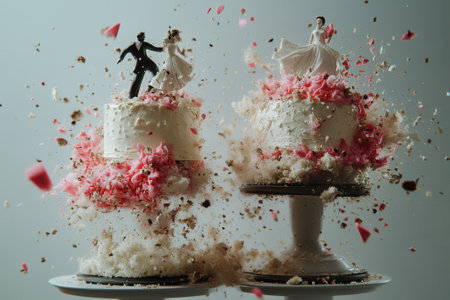 Two wedding cakes exploding with bride and groom figurines on topの素材