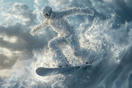 Snowboarder performing tricks in snowy mountains under cloudy skyの素材
