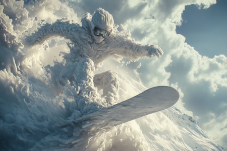 Snowboarder performing extreme stunt covered in snow on mountain topの素材