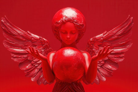 Red cupid holding a sphere, a 3d render of love and passionの素材