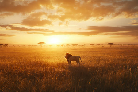 Majestic lion standing in the african savanna at sunsetの素材