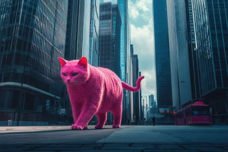 Giant pink cat walking in city streetの素材