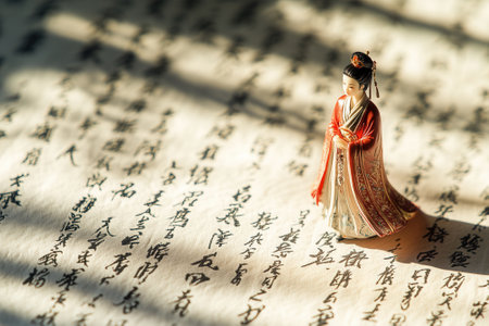 Miniature figurine standing on ancient chinese manuscriptの素材