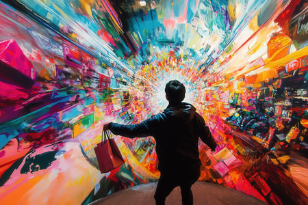 Shopper entering colorful abstract tunnel with shopping bagsの素材
