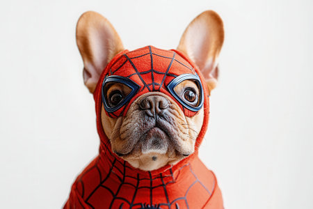 French bulldog wearing superhero costume posing for cameraの素材