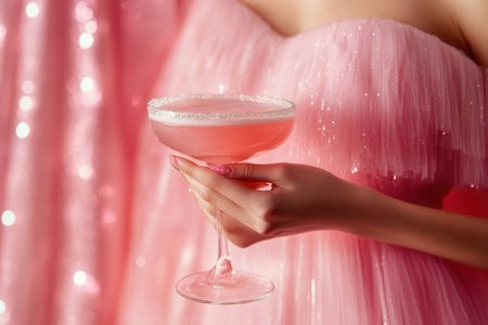 Woman holding cosmopolitan cocktail in elegant pink dressの素材