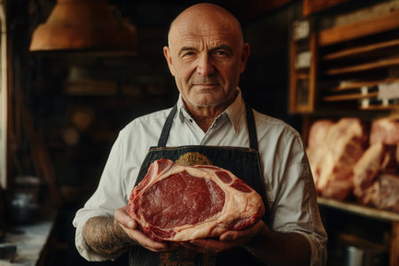 Butcher holding a large vacuum sealed ribeye steak in a butcher shopの素材
