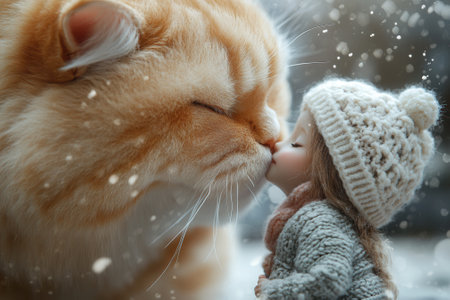 Little girl kissing giant ginger cat under snowfallの素材