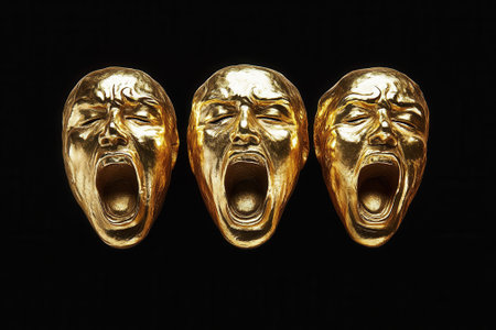 Three golden screaming heads ornaments representing fury and despairの素材