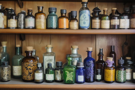 Antique pharmacy bottles displayed on wooden shelves, preserving history of medicineの素材