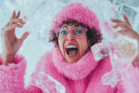 Excited woman wearing pink outfit shouting and touching ice in ice hotelの素材