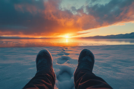Hiker resting on snowy lake shore enjoying dramatic sunsetの素材