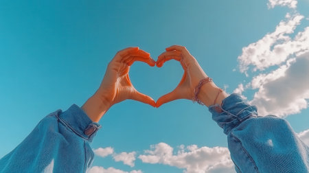 Woman making heart shape with hands against blue skyの素材