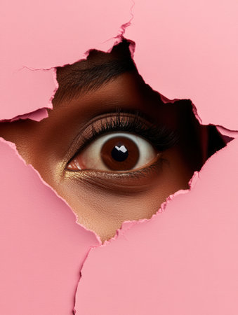 Curious woman peeking through torn pink paper holeの素材