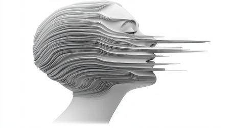 Abstract woman face dissolving into thin air lines on white backgroundの素材